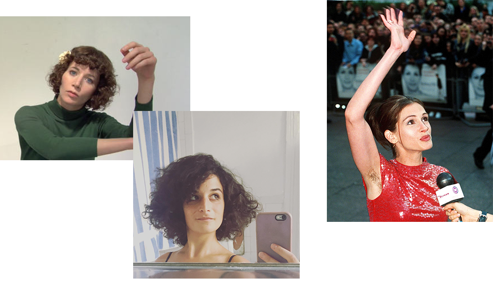 Women with curly hair / woman with full underarm hair with arm raised.