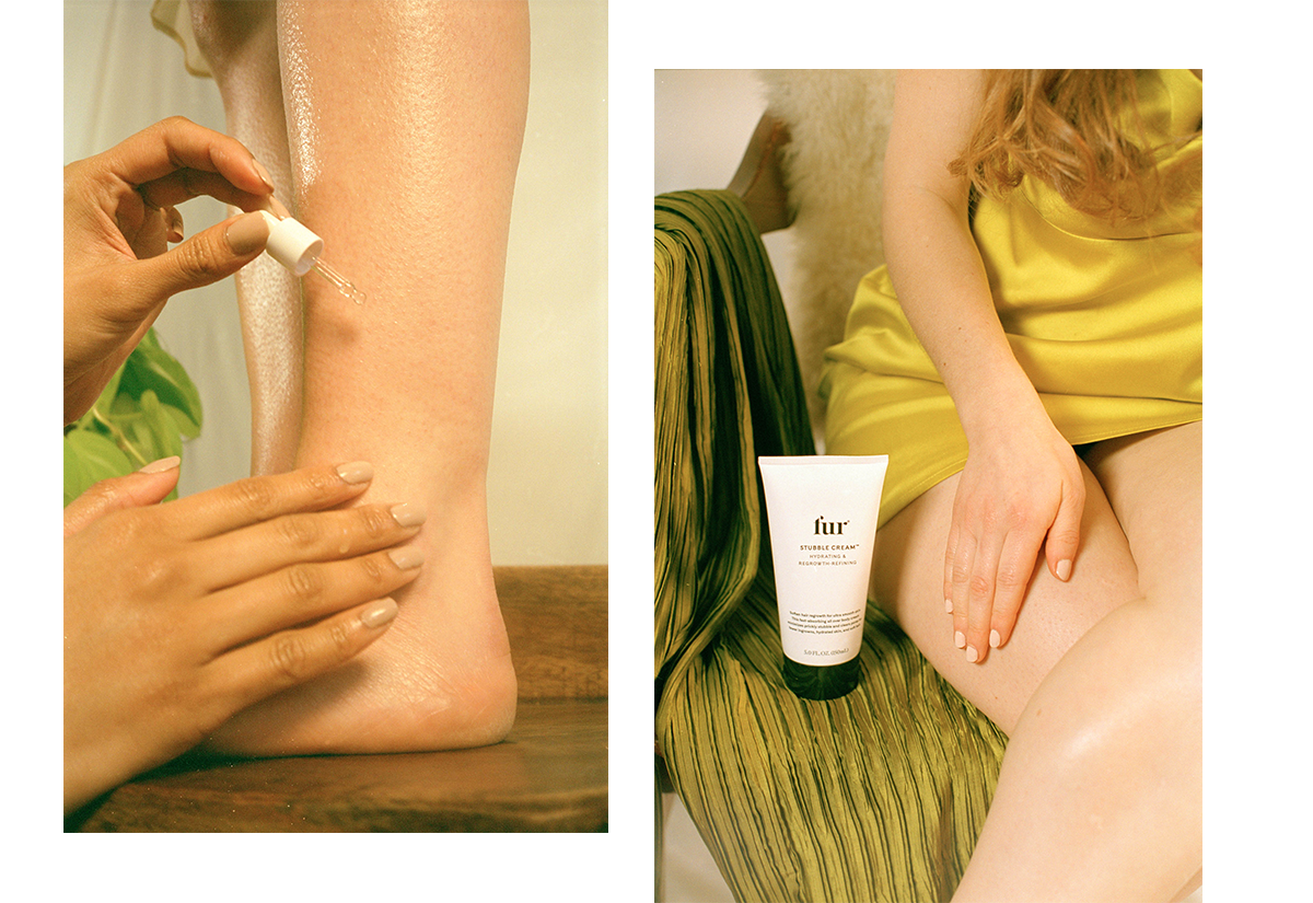 Woman applying Ingrown Concentrate oil to legs.