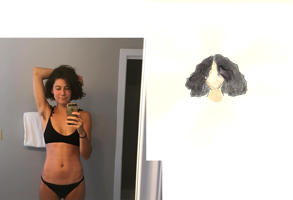 Woman in black bikini with armpit hair/ watercolors of a woman 