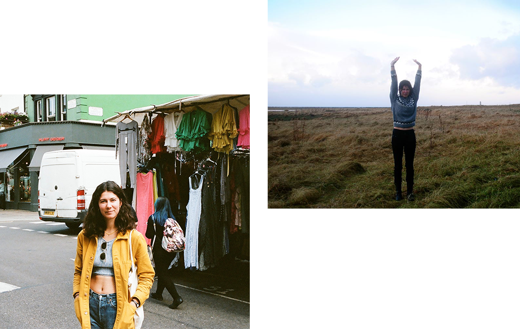 Woman in a yellow jacket standing in the street / woman with hands raised standing in a field.