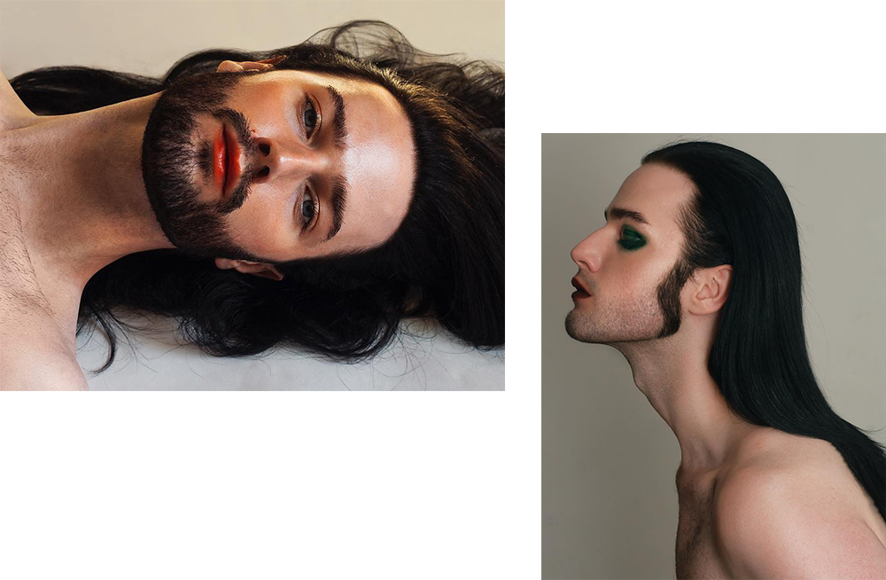 Man with long hair and red lipstick laying down / man with green eyeshadow and red lipstick.
