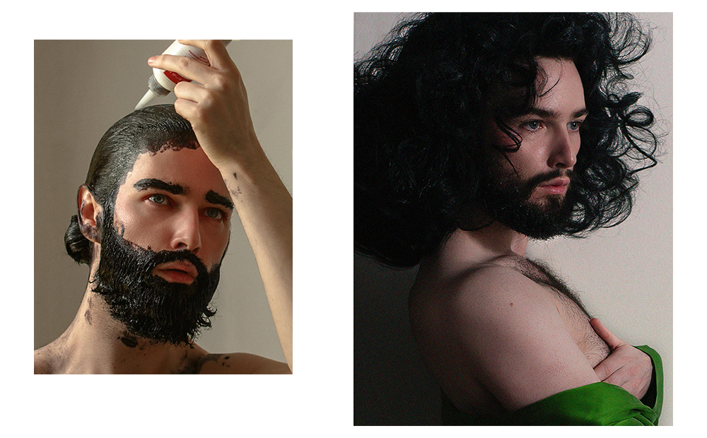 Man applying dye to hair, man with long curly hair.