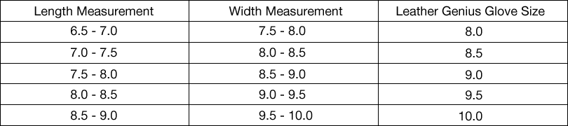 Size Guide (Inches) | Leather Genius Gloves | Pengallan