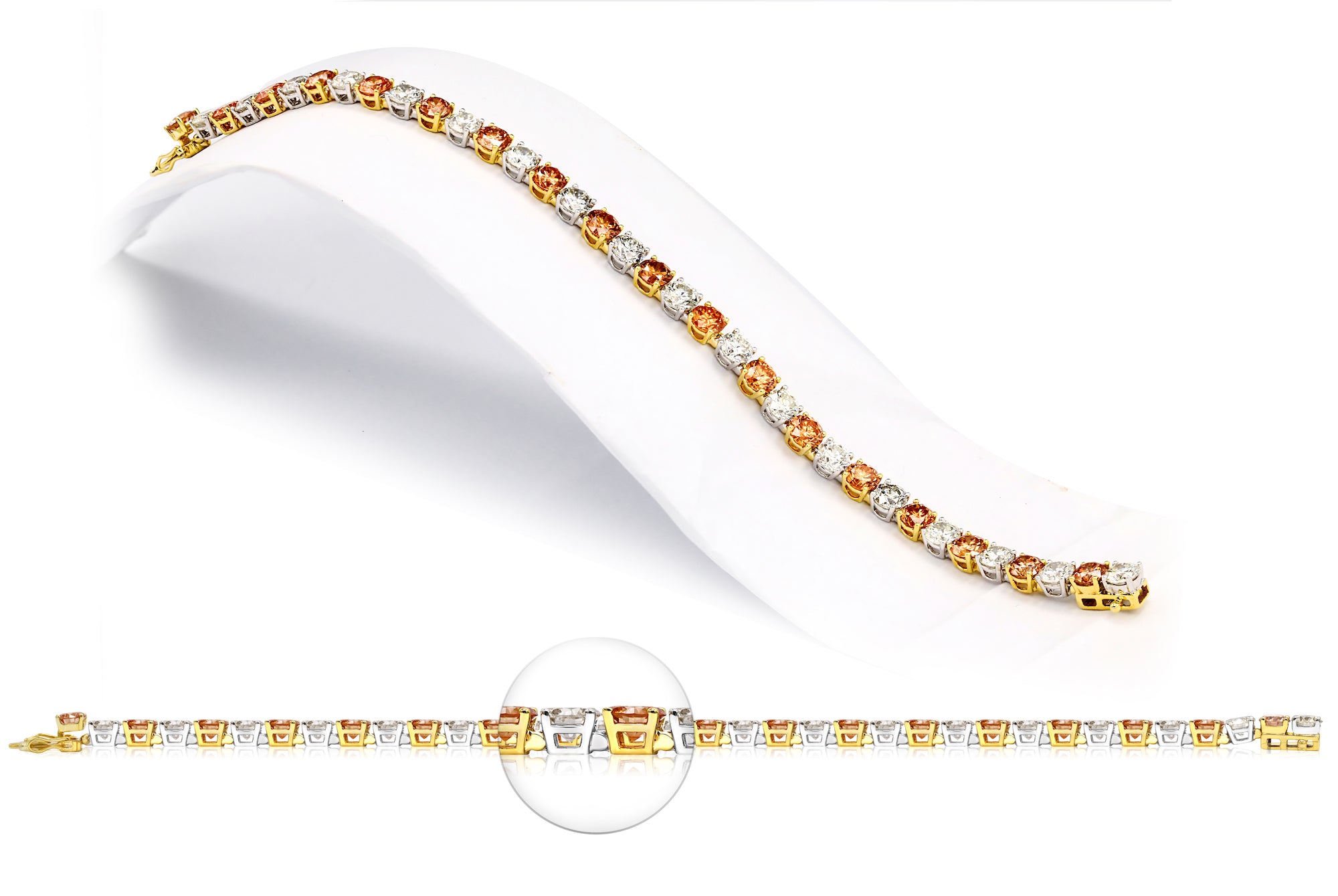14K White and Yellow Gold 18.00CTTW Orange and White Lab Grown Diamond Tennis Bracelet