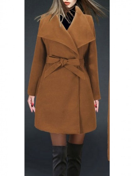 Khaki Women Wool Blend Coat Lapel Tie Waist Long Sleeve