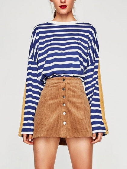 Blue Women Sweatshirt Stripe Fur Trim Panel Long Sleeve