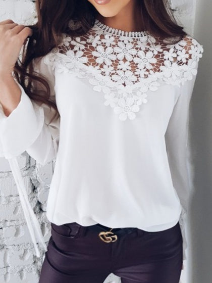 White Chiffon Cut Out Detail Lace Panel Long Sleeve Women Blouse