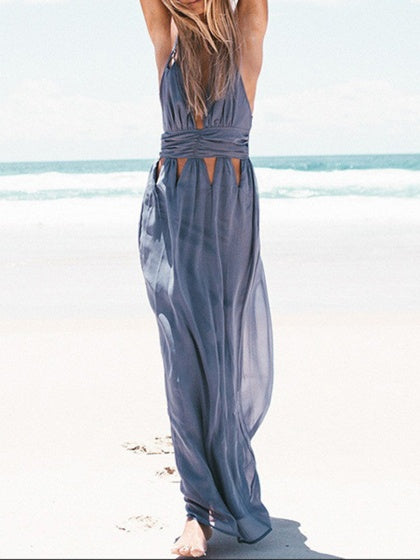 Blue Women Cami Maxi Dress Plunge Cross Strap Back