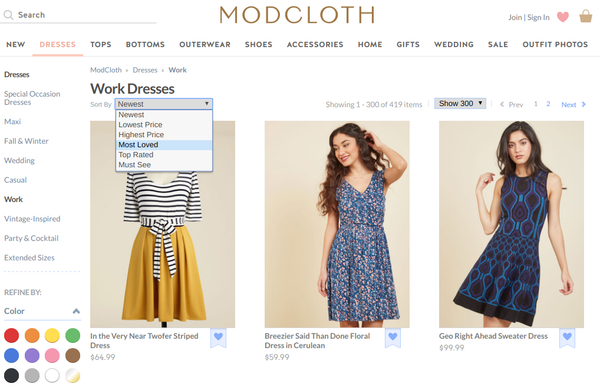 ModCloth popular item categories | Shopify Retail blog