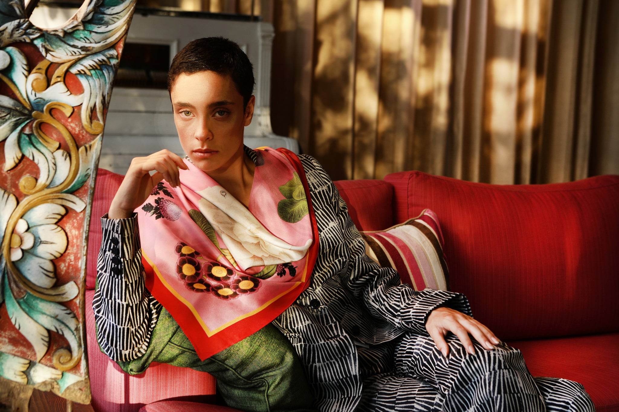 /the-pink-camelia-silk-scarf by Tal Angel designer scarves hermes luxury faliero sarti