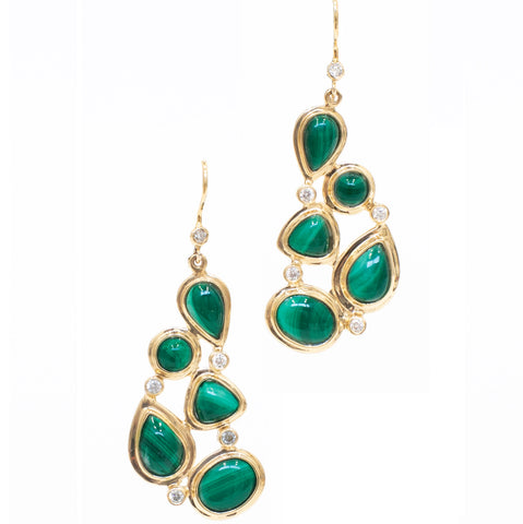 Darby Scott Mosaic earrings with malachite and diamonds set in 18K gold