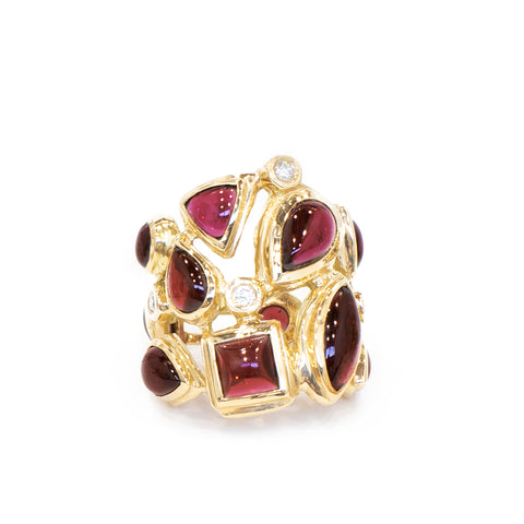 Darby Scott Mosaic Cocktail ring with Garnets and Diamonds set in 18K gold