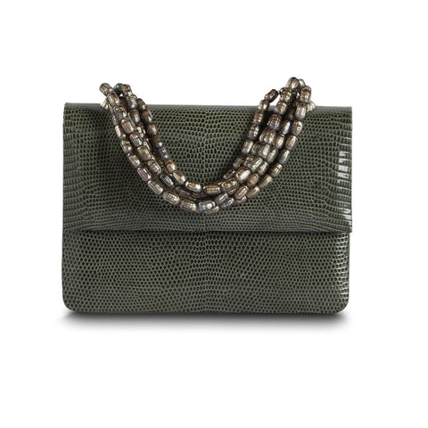 Darby Scott iconic necklace bag in soft green Lizard