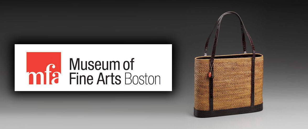 Logo Museum of Fine Arts Boston beside Darby Scott woven rattan balinese tote trimmed in chocolate alligator.