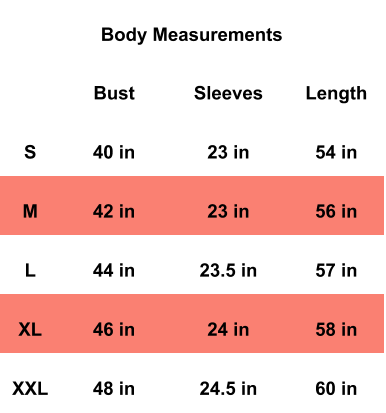 Size Chart for Sparkle Open Front Abaya