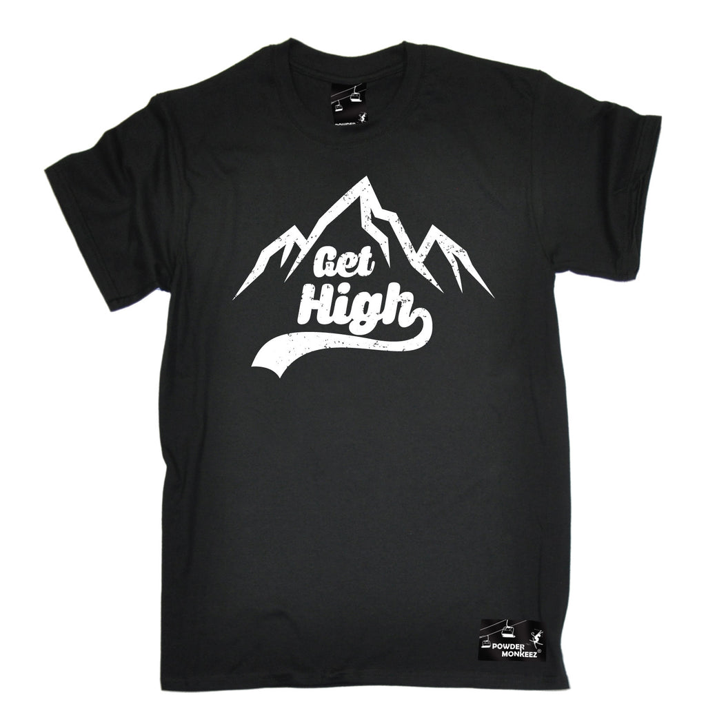 Powder Monkeez Premium Apres - Men's Get High ... Mountain Design T-SHIRT - funny slogan tee