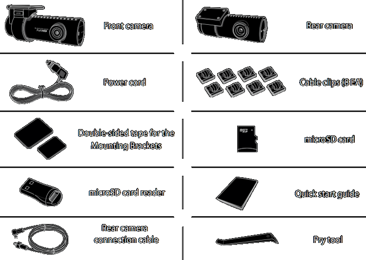 The package contains the front camera, rear camera, power cord, rear camera connection cable, miscroSD card, card reader, double-sided tape for the mounting brackets, cable clips, pry tool and quick start guide