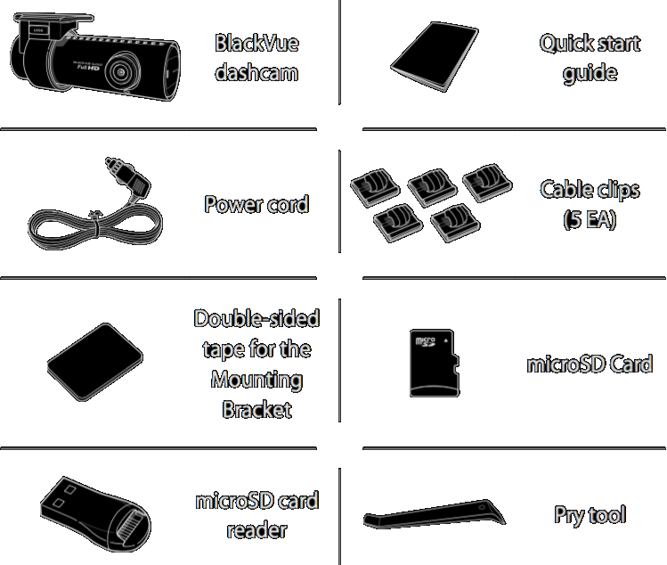 The package contains the main unit, power adapter, miscroSD card, card reader, double-sided tape for the mounting brackets, cable clips, pry tool and quick start guide