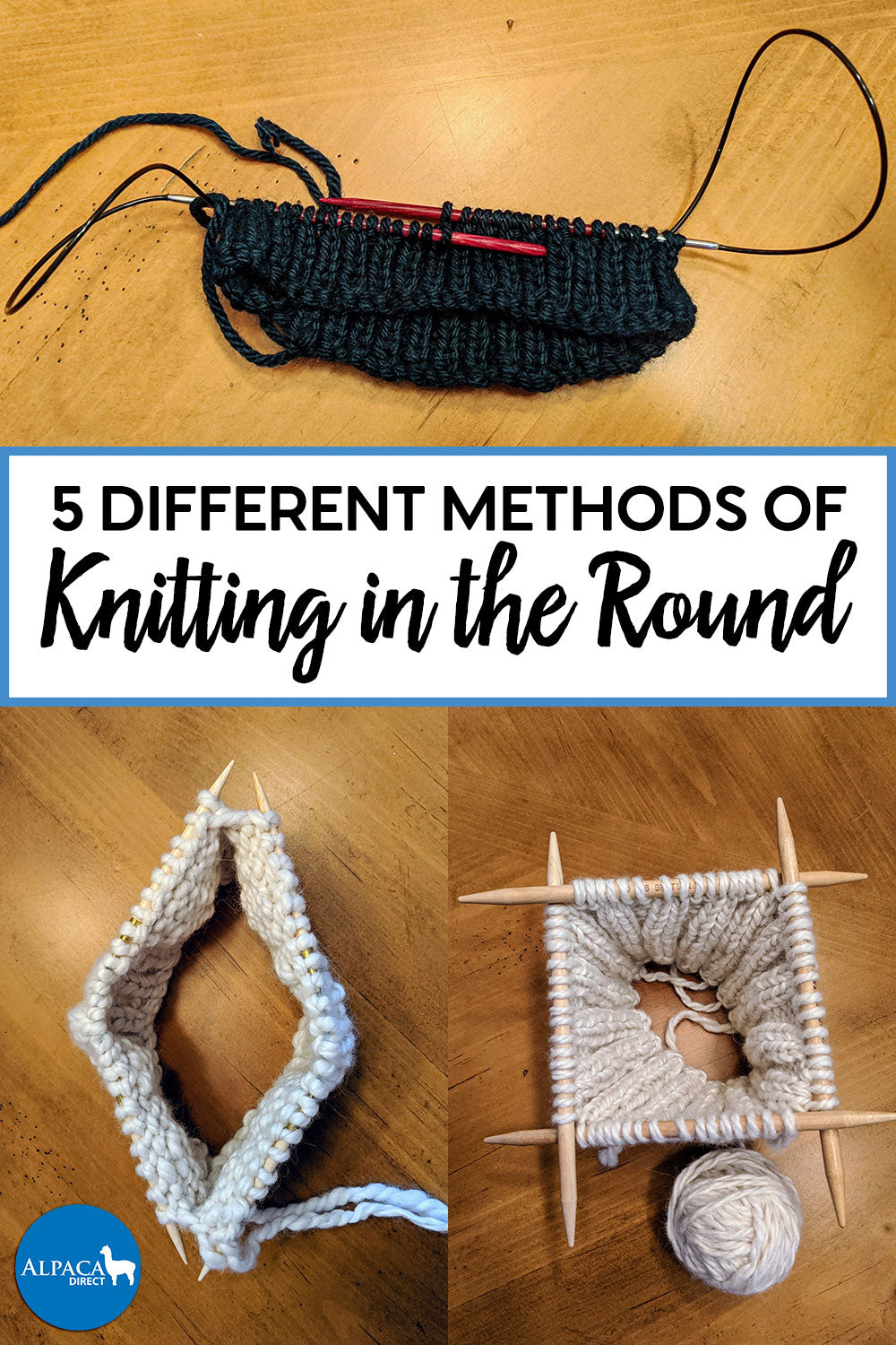 Collage of three photos showing different methods of knitting in the round.