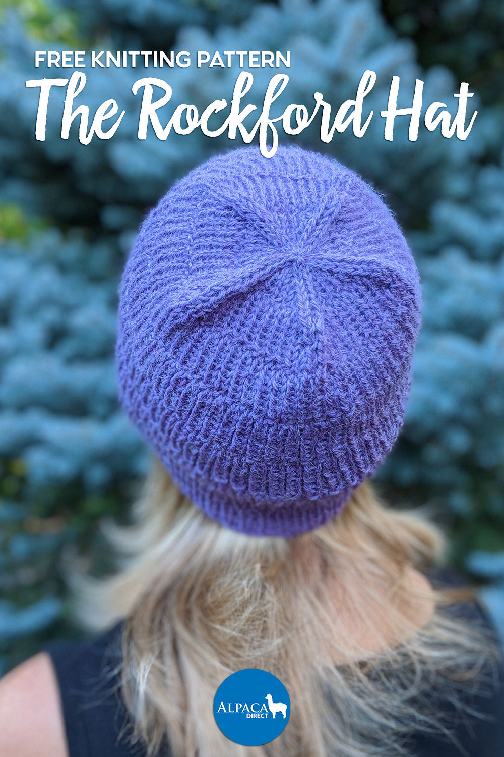 Photo of the back of a woman wearing a knitted purple Rockford Hat showing the structure of the top of the hat with an evergreen tree in the background. 