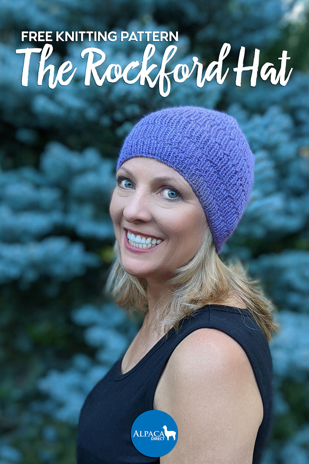 Photo of a woman wearing a knitted purple Rockford Hat with an evergreen tree in the background. 