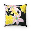 Pillow - Black with Yellow and Pink Flowers - Square - Spun Polyester - Falling Leaf Card Co.