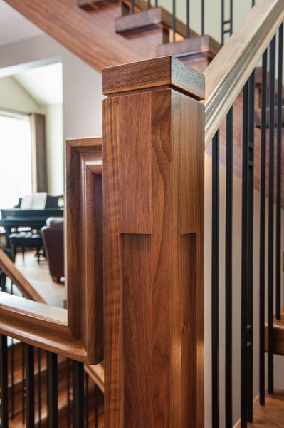 Image of mission style newel post that highlights the craftsman style