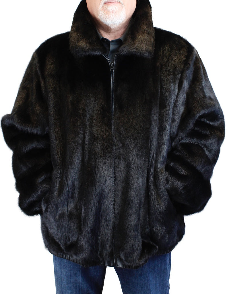 MEN&#39;S REVERSIBLE DARK RANCH MINK FUR AND LEATHER BOMBER JACKET – The Real Fur Deal