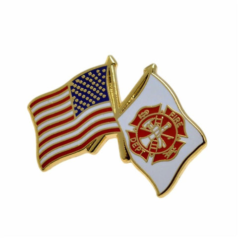 Firefighter US Flag Maltese Cross Lapel Pin Gold Fire Department Crossed Flags
