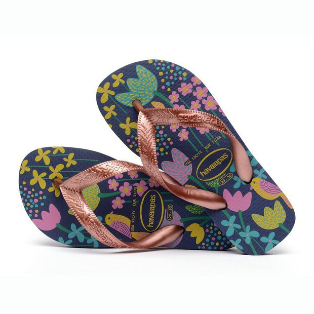 Flores - Kids Girls Flip Flops - Dark Blue Gold