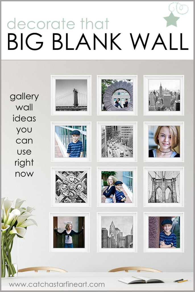 Wondering what to do with a blank wall? Want to create a Gallery Wall that WORKS? We've got tips to help you decorate your empty space, whether it's in your living room, bedroom or office -  along with a FREE ebook full of more ideas! #gallerywallideas #gallerywalllayout #blankwallideas #gallerywalllivingroom #minimalistgallerywall