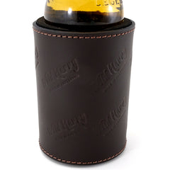 Stubby cooler dark brown leather Wild Harry logo many times