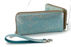 Michaela  Blue & silver textured leather zip around purse