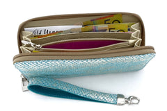Michaela  Blue & silver textured leather zip around purse top view zip open