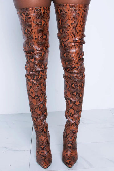 orange snakeskin thigh high boots