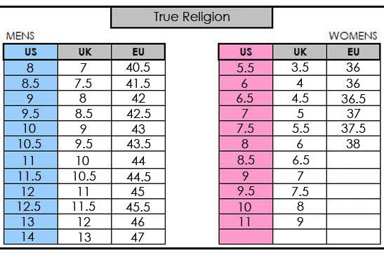 true religion pants size chart
