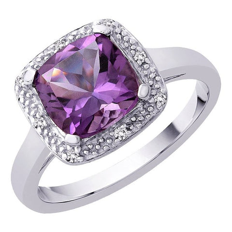 Katarina.com - Cushion Cut 2 3/8 ct. Amethyst and Diamond Halo Ring in Sterling Silver (1/20 cttw) 