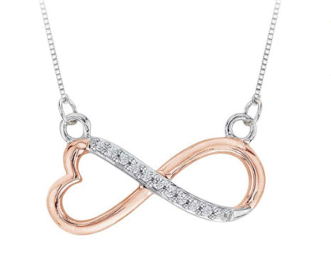 HEART SHAPED INFINITY DIAMOND PENDANT WITH CHAIN IN TWO TONE STERLING SILVER (1/20 CTTW)