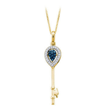 Katarina.com BLUE AND WHITE DIAMOND KEY FASHION PENDANT WITH CHAIN IN 10K YELLOW GOLD (1/10 CTTW)