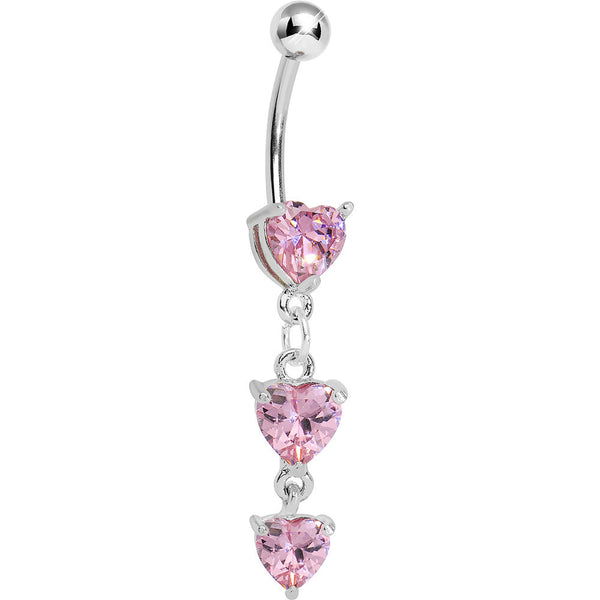 Pink Gem Triple Heart Dangle Belly Ring Bodycandy