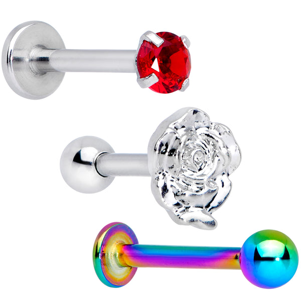 316L Surgical Steel Tragus/Cartilage Stud with Round Red Gem  3 Pack 
