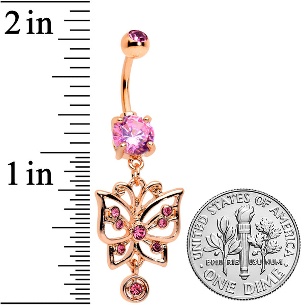 316L Surgical Steel CZ Gem Belly Ring with Pink Wings & CZ Gem Butterfly Dangle