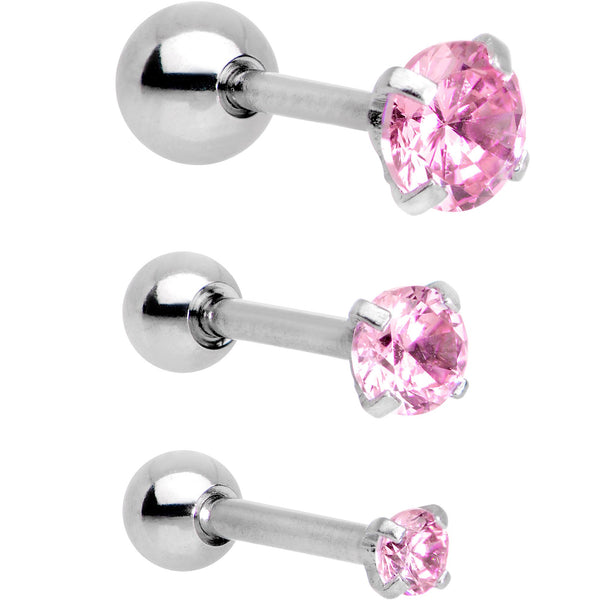 316L Surgical Steel Tragus/Cartilage Stud with Pink Gem Top 3 Piece Pack