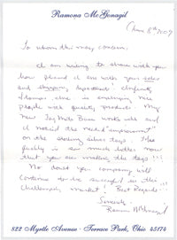 Handwritten Letter of Thanks from Ramona McGonagil