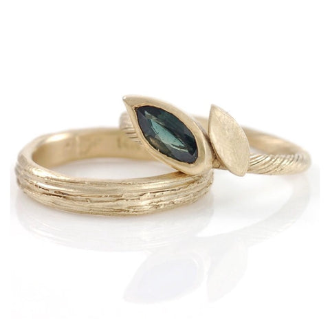 Yellow Gold Tree Bark Ring with green sapphire vine and leaf ring by Beth Cyr