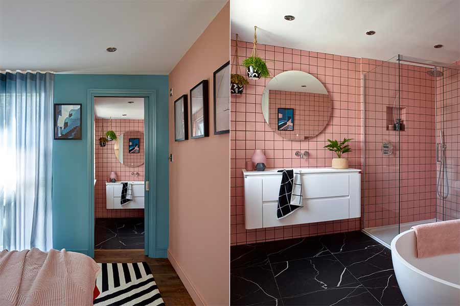 Folds pink and blue bathroom