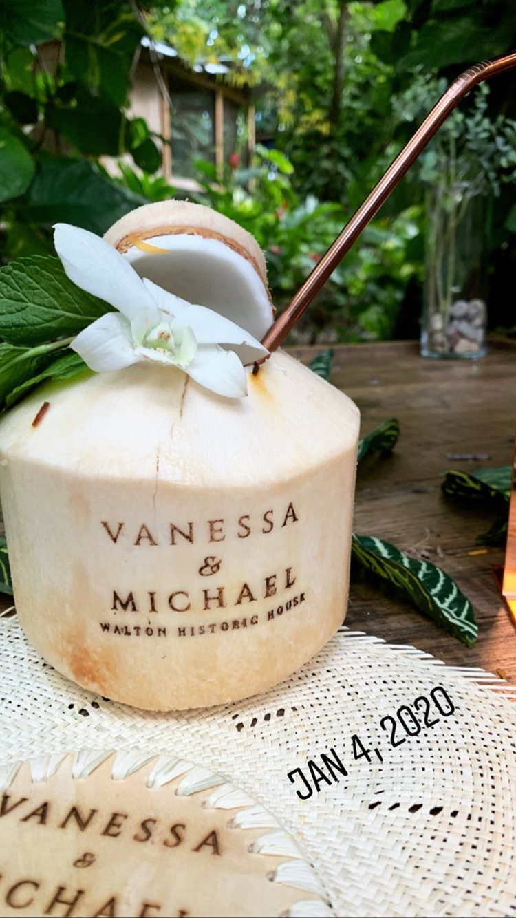 personalized coconut cups and palm fan