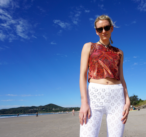 White Lace Flares and Velvet Top Byron Bay