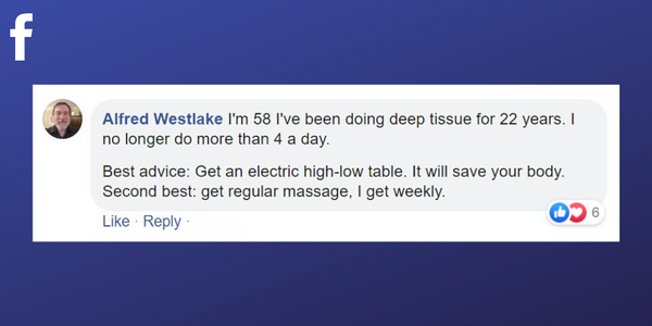 Facebook post from Alfred Westlake about upgrading to an electric massage table to prolong your career