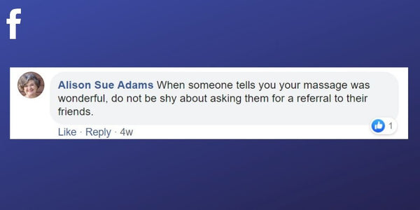 Facebook post from Alison Sue Adams about asking for referrals 